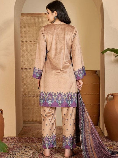 Printed Velvet Round Neck Kurta & Trousers with Dupatta set