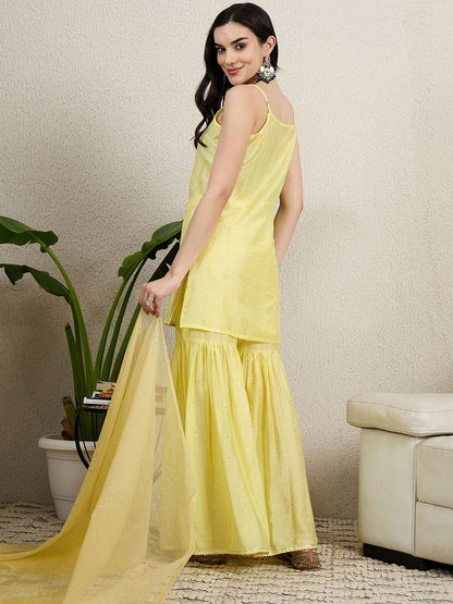 Dhiyona HOP Floral Embroidered Sequinned Straight Kurta With Sharara & Dupatta