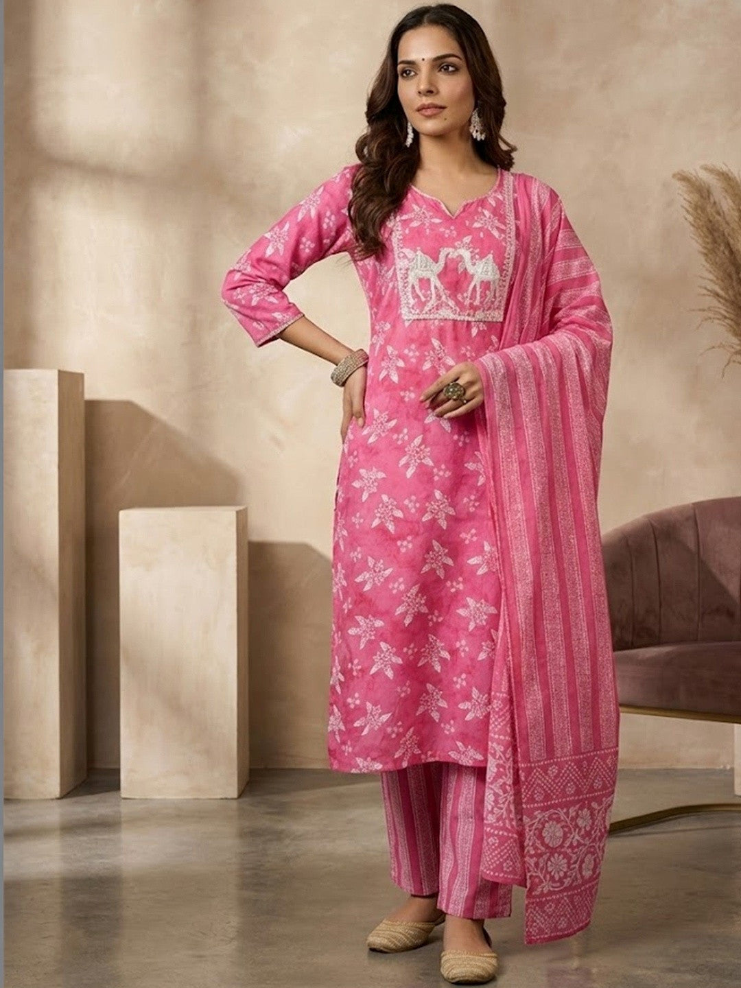 Printed Pure Cotton Round Neck Kurta & Trousers With Dupatta