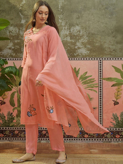 Embroidered V-Neck Kurta & Trousers With Dupatta