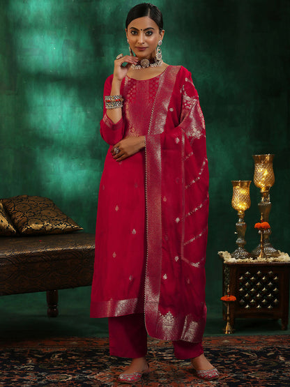 Women's LB Red Woven Design Silk Blend Straight Suit With Dupatta