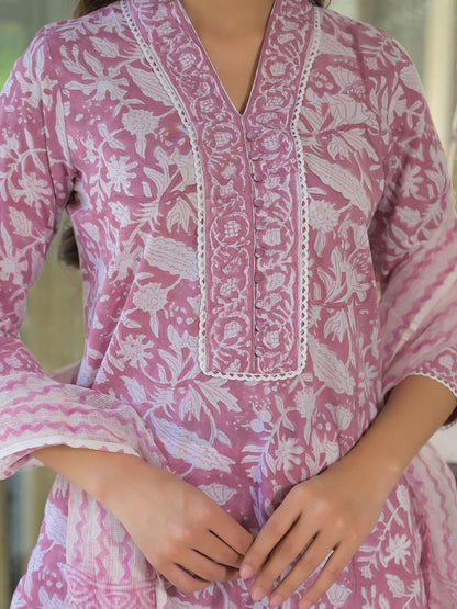 Dhiyona KL Women Pink Pure Cotton Kurta With Trousers & Dupatta