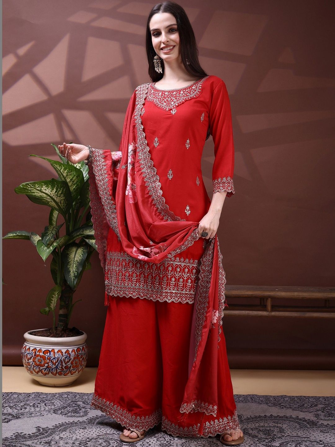 Dhiyona SN Embroidered Round Neck Kurta & Sharara With Dupatta