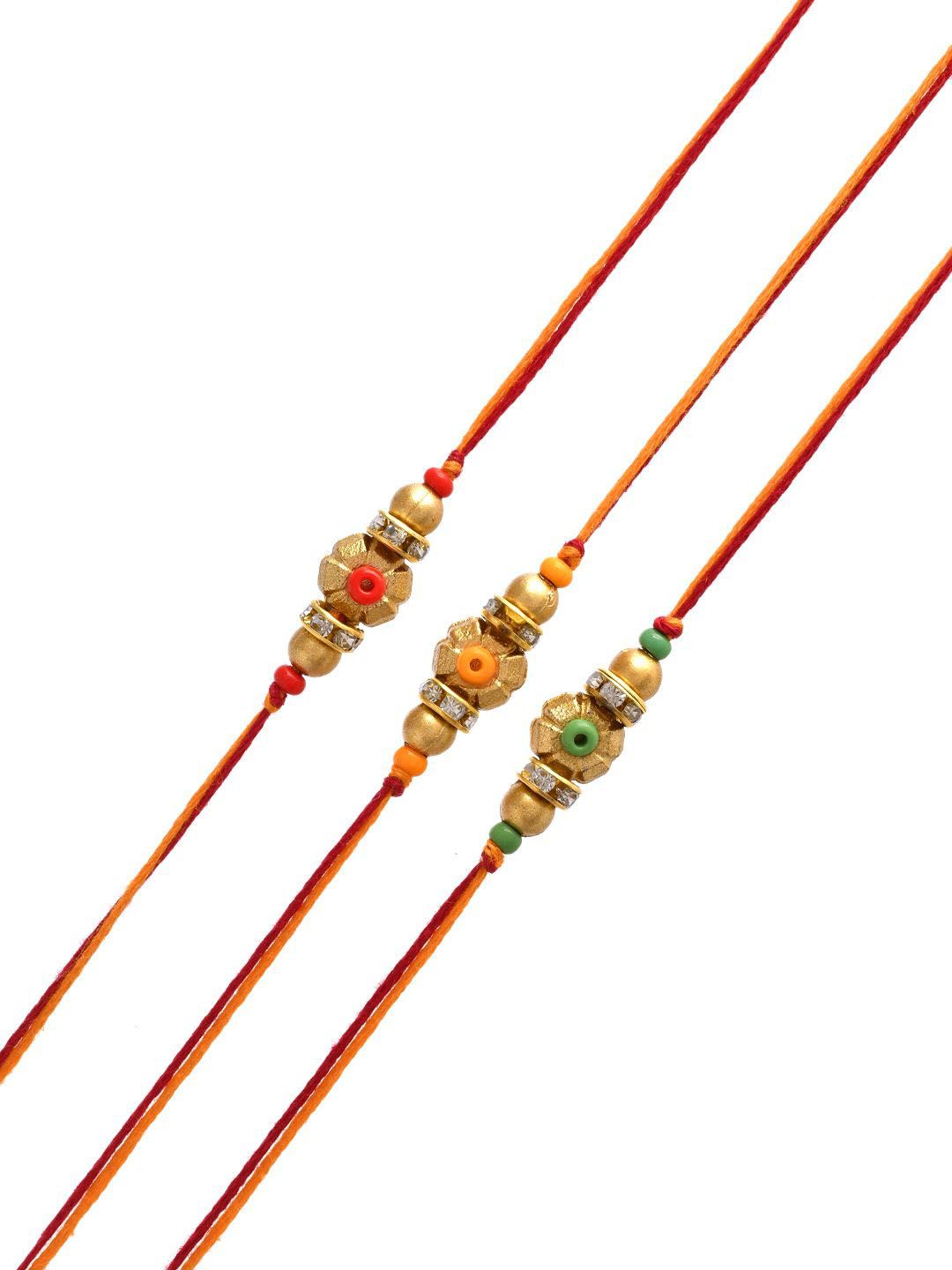 Dhiyona Set Of 3 Gold-Toned Beaded Rakhi With Roli Rice & Greeting Card