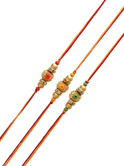 Dhiyona Set Of 3 Gold-Toned Beaded Rakhi With Roli Rice & Greeting Card