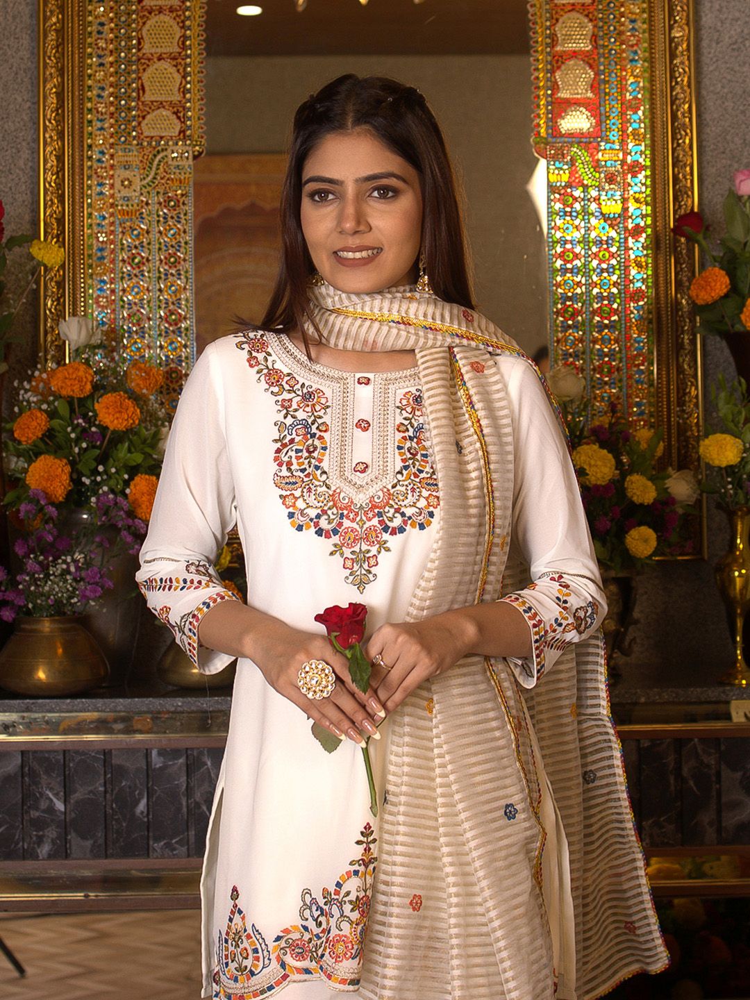 Dhiyona CH Georgette Embroidered Kurta Set with Sharara and Dupatta