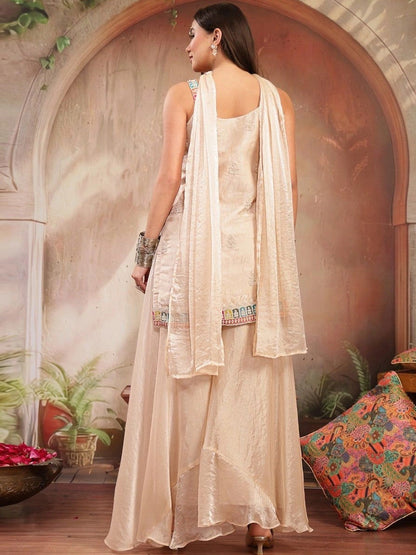 Women Ethnic Motifs Embroidered Regular Mirror Work Kurta with Sharara & With Dupatta
