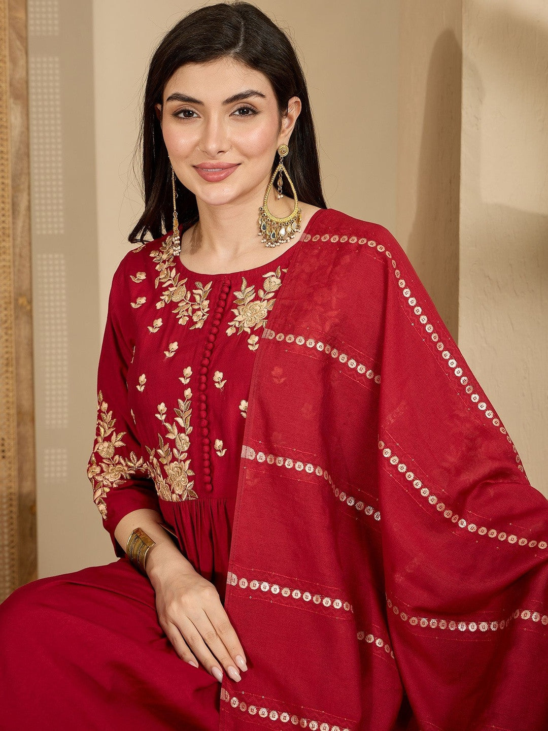 Floral Embroidered Empire A Line Kurta With Trousers & Dupatta