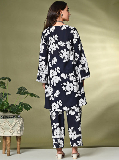 Black Floral Printed A-Line Kurta With Trousers