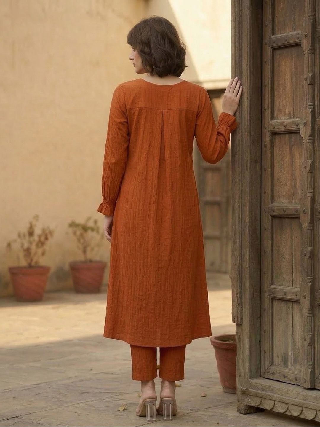 Rust Rust A Line Balloon Sleeve Kurta with Trouser