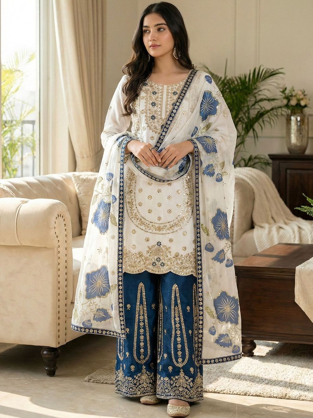 Dhiyona KL Women Ethnic Motifs Embroidered Regular Sequinned Kurta with Sharara & With Dupatta