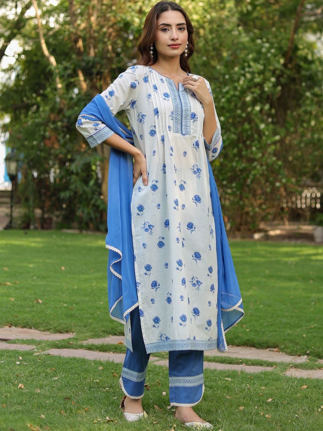 Dhiyona RR Women's Floral Printed Pure Cotton Kurta with Trousers & Dupatta