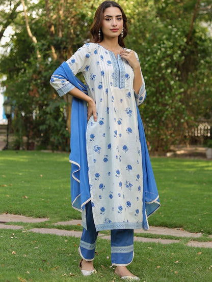 Dhiyona RR Women's Floral Printed Pure Cotton Kurta with Trousers & Dupatta