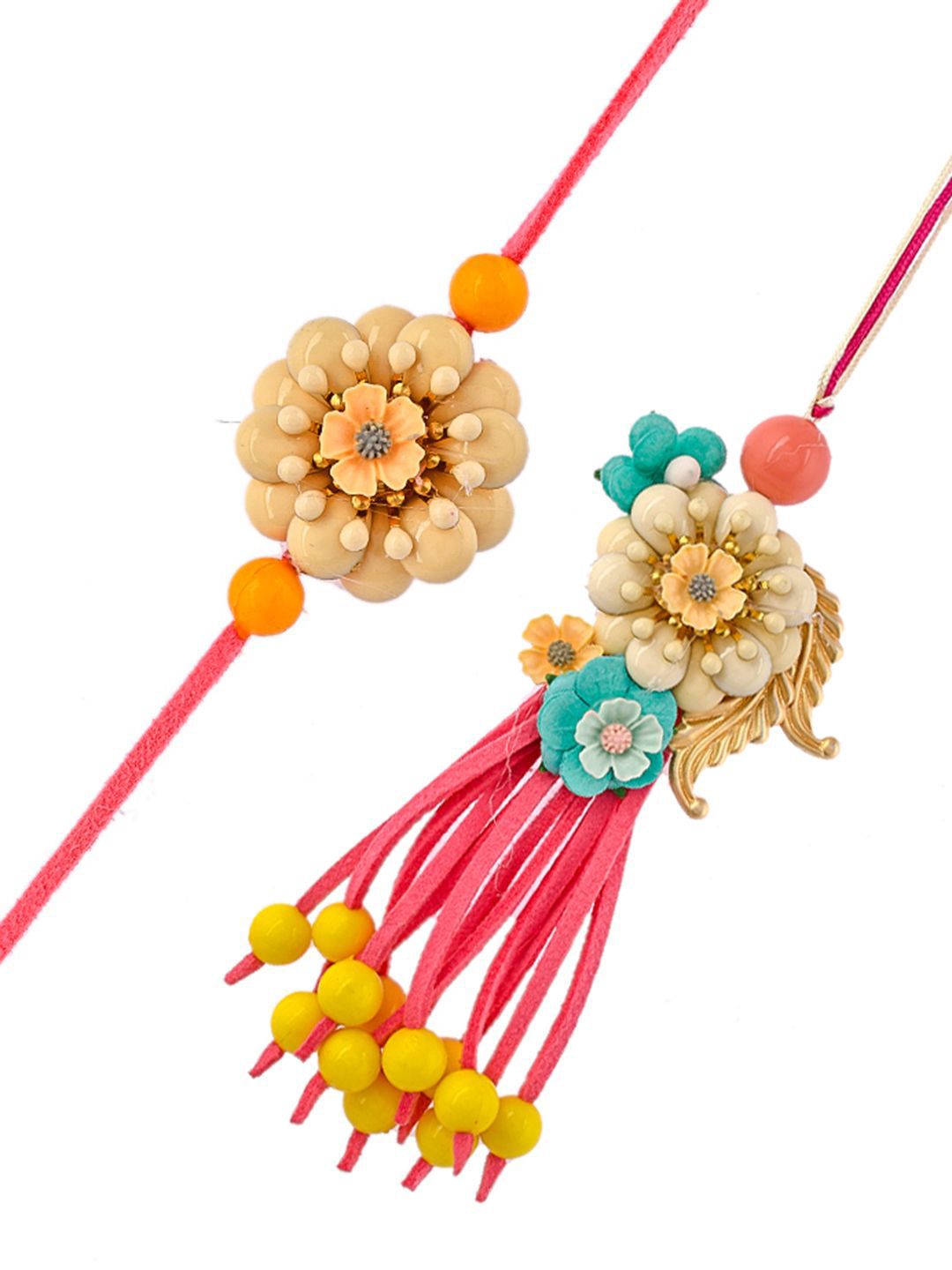 Dhiyona Pink Set Of 2 Bhaiya Bhabhi Lumba & Thread Rakhis With Roli Chawal