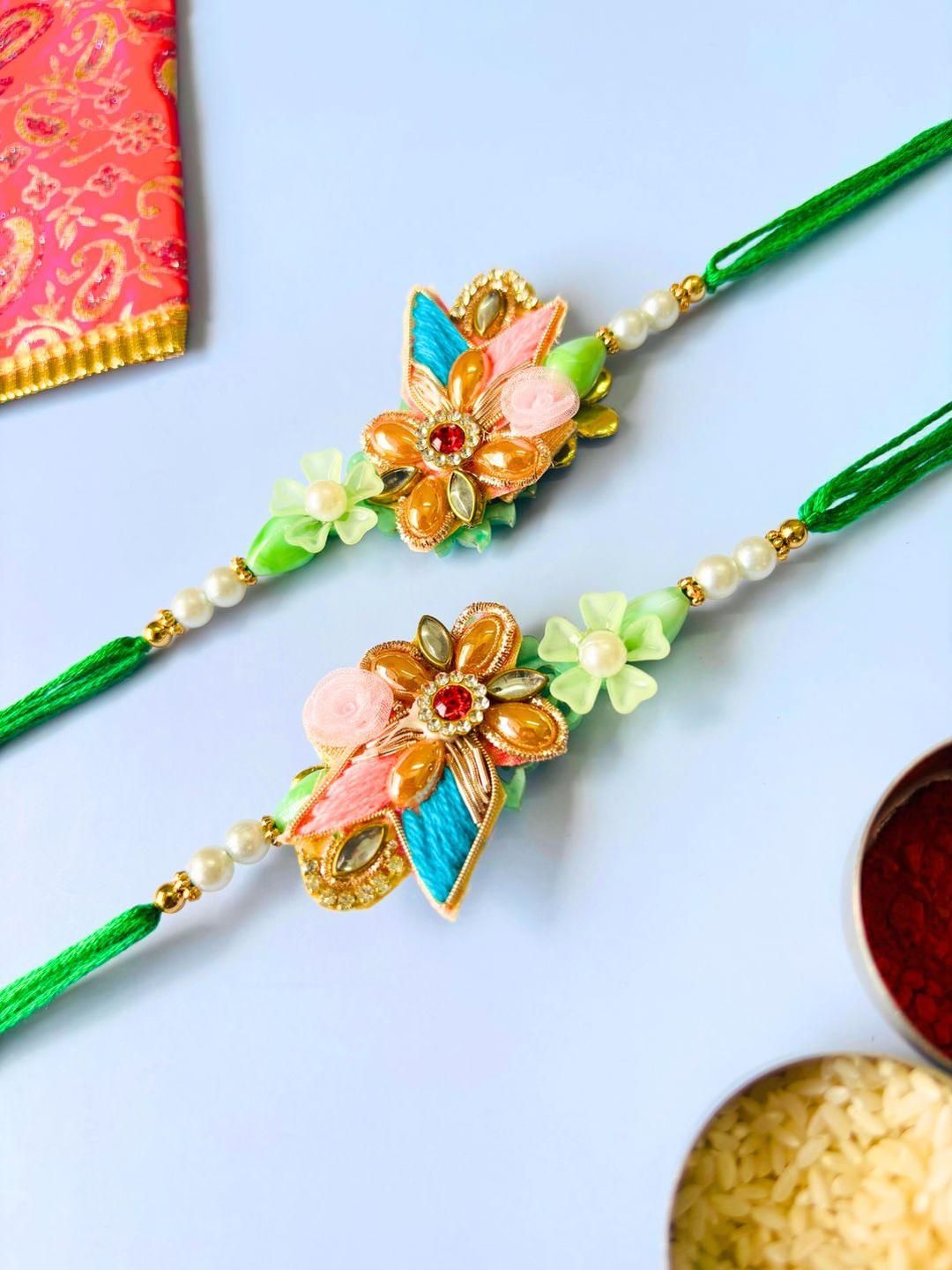 Dhiyona Multi Colored Pack of 2 Floral Traditional Handmade Rakhi Set