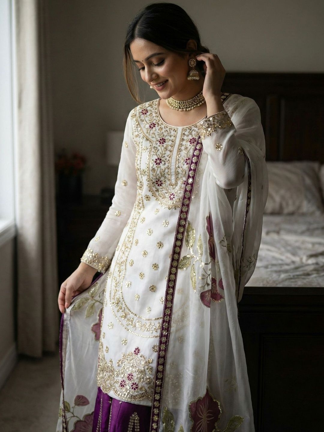 Dhiyona KL Women Ethnic Motifs Embroidered Regular Sequinned Kurta with Sharara & With Dupatta