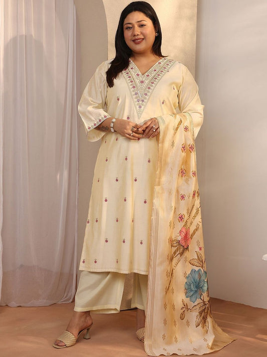 Dhiyona Women's Plus Size Floral Embroidered Kurta with Trousers & With Dupatta
