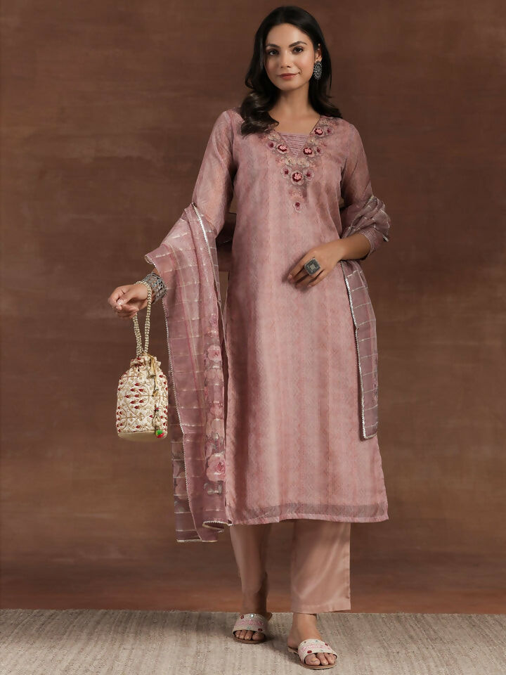 Women's LB Pink Printed Organza Straight Suit With Dupatta