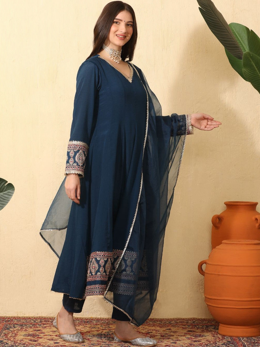 Ethnic Motifs Embroidered Empire Gotta Patti Chinon Kurta With Trousers & Dupatta