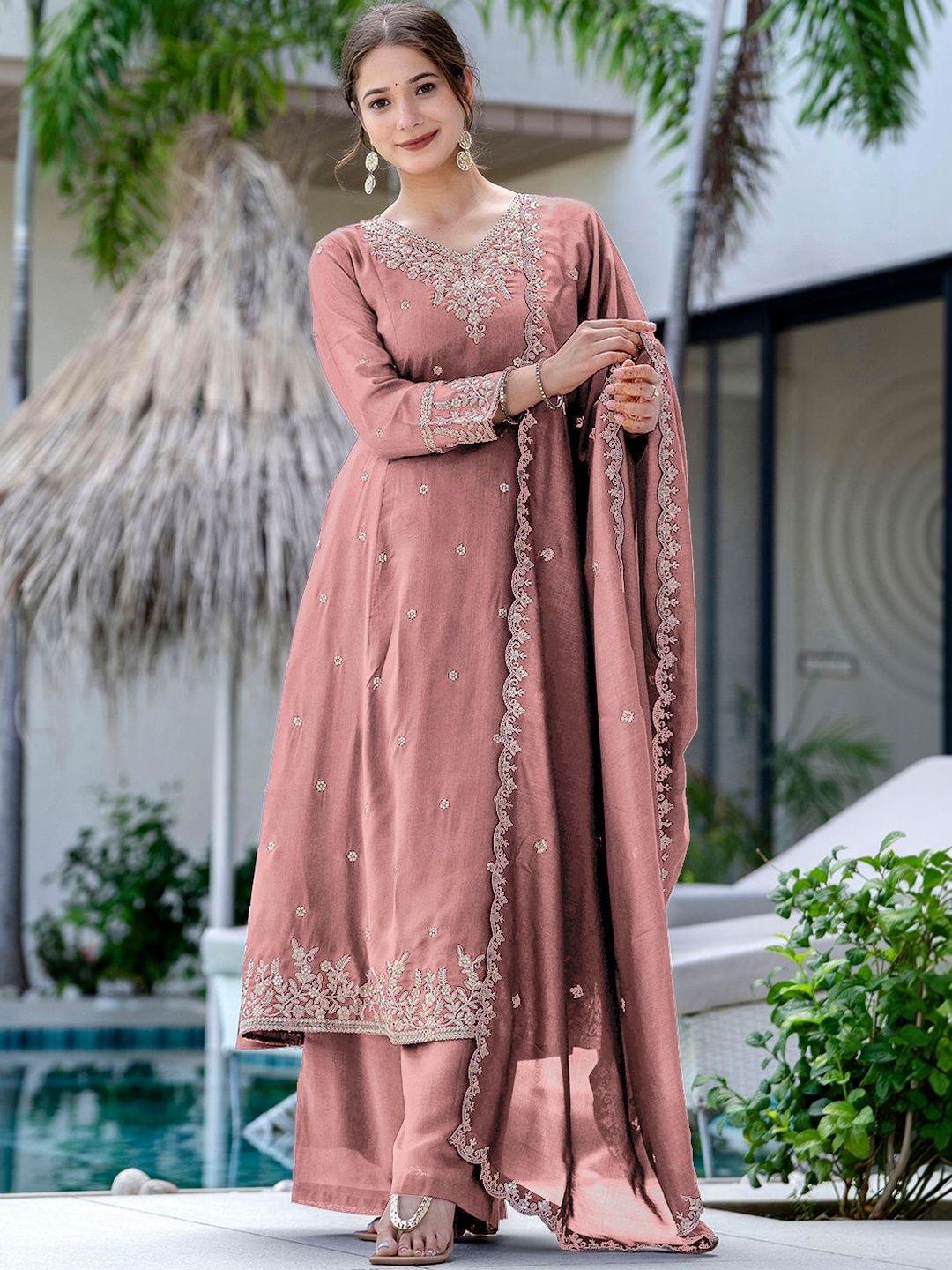Dhiyona KL Women Ethnic Motifs Embroidered Regular Thread Work Kurta with Palazzos & With Dupatta
