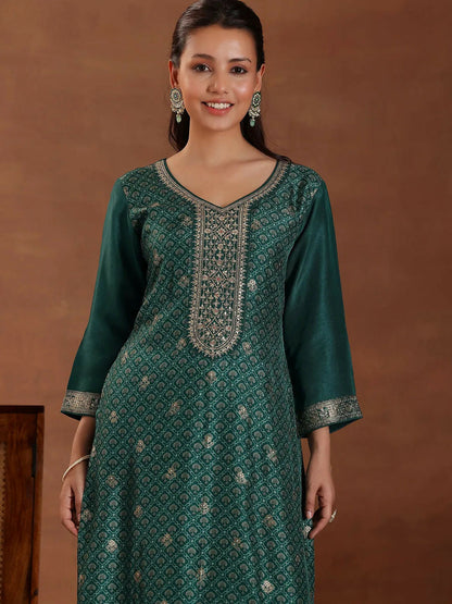 Women's LB Teal Printed Silk Blend Straight Suit With Dupatta