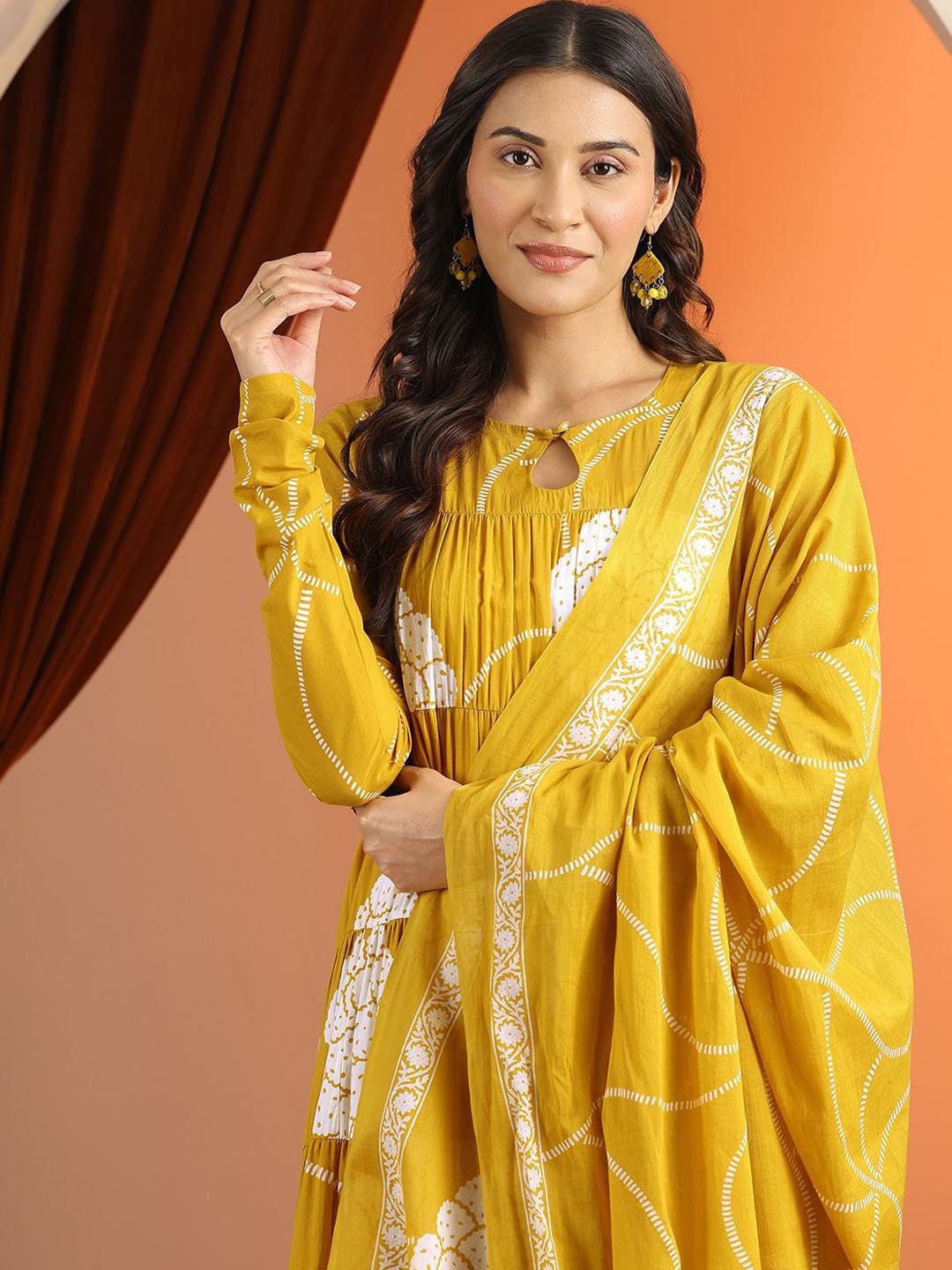 Womens Mustard Printed Cotton Anarkali Kurta With Trousers & Dupatta