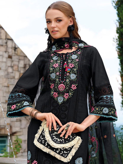 Floral Embroidered Tie-Up Neck Thread Work Straight Kurta With Trousers & Dupatta