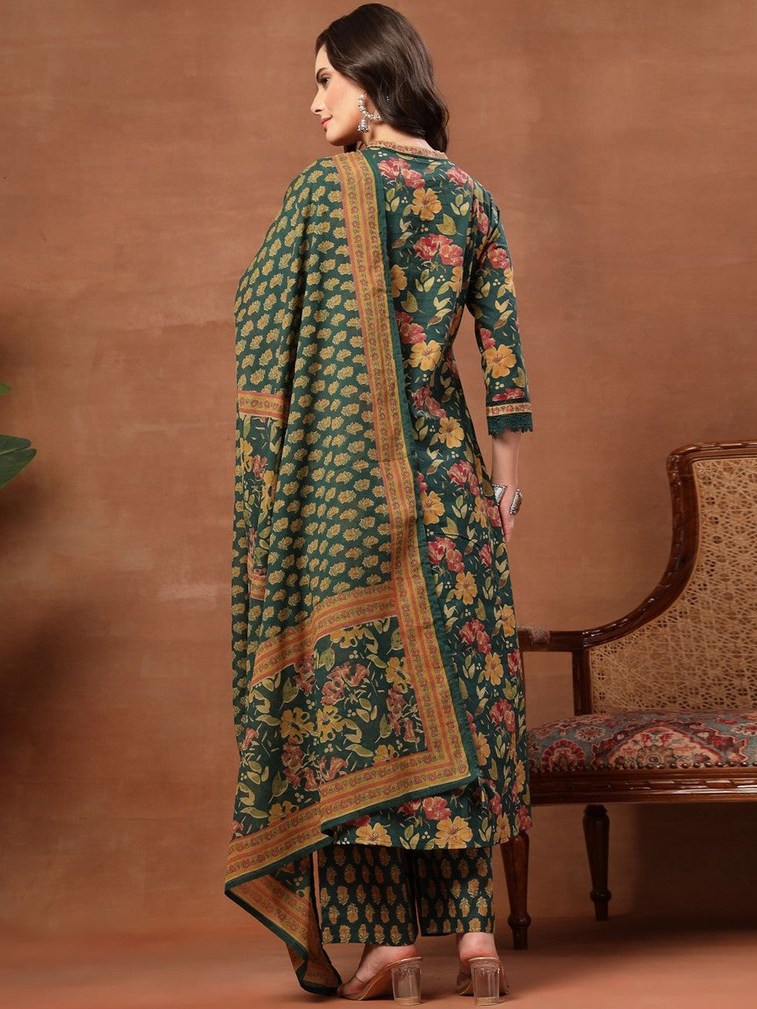 Printed Pure Cotton V-Neck Kurta & Palazzos Kurta Set