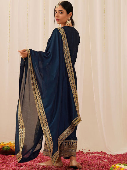 Dhiyona KL Ethnic Motifs Embroidered Sequinned Straight Kurta with Palazzo & Dupatta
