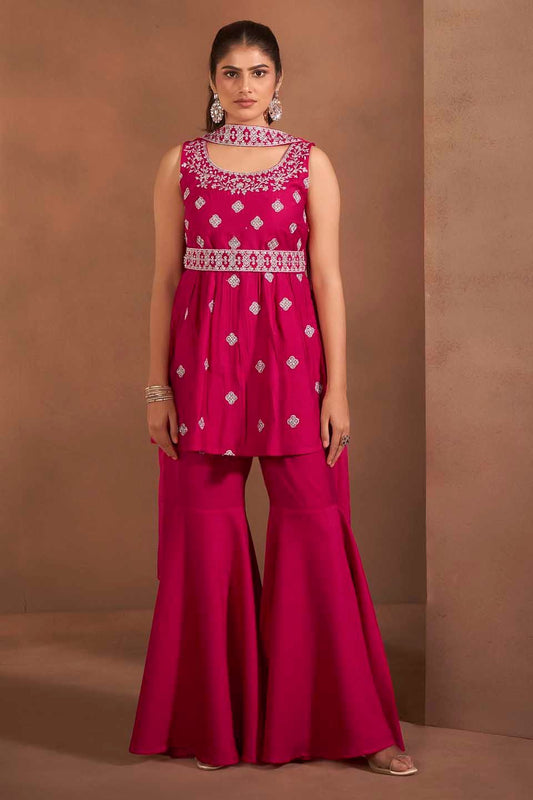 Dhiyona AN Floral Embroidered Thread Work Raw Silk Kurta With Sharara And Dupatta