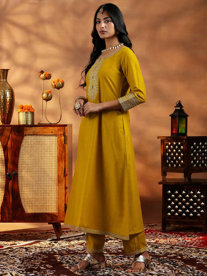 Women's LB Mustard Yoke Design Silk Blend A-Line Kurta With Trousers & Dupatta