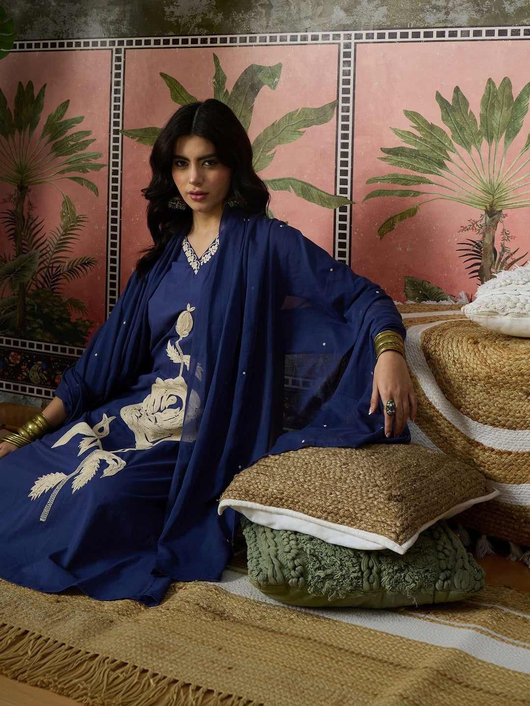 Embroidered V-Neck Kurta Trousers & Dupatta