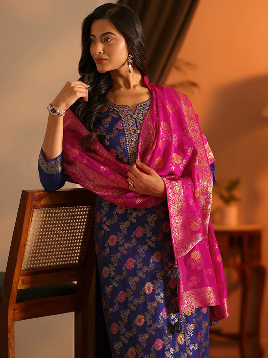 Floral Woven Design Straight Kurta With Trousers & Dupatta