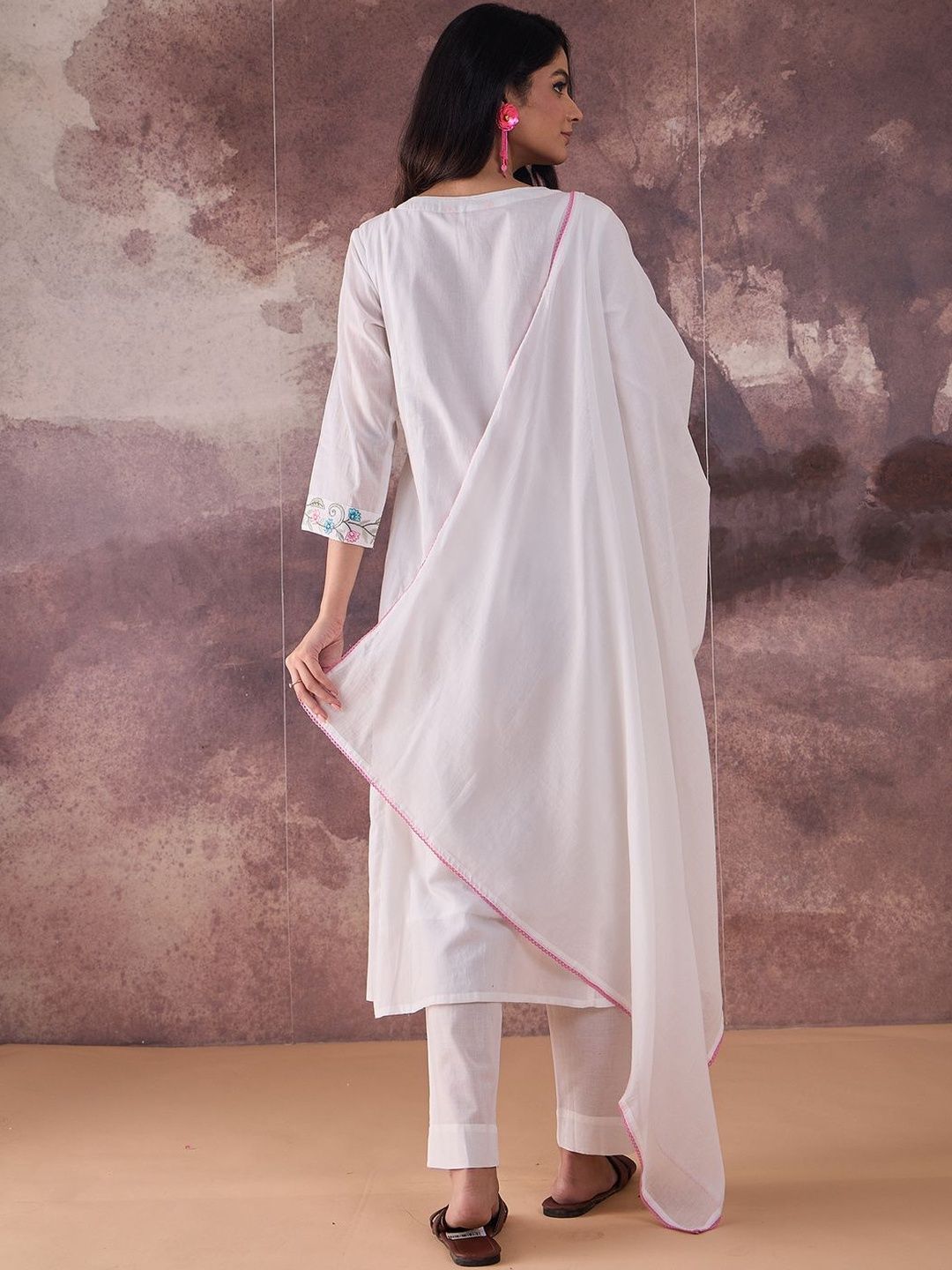 Floral Embroidered Thread Work Pure Cotton A-Line Kurta With Trousers & Dupatta