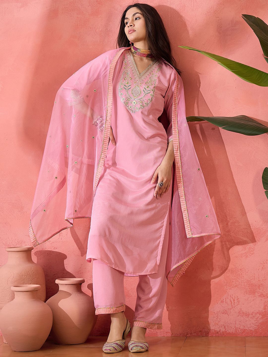 Dhiyona SN Women Ethnic Motifs Embroidered Regular Sequinned Kurta With Palazzos & Dupatta