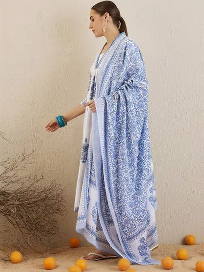 Printed Pure Cotton V-Neck Kurta Trousers & Dupatta