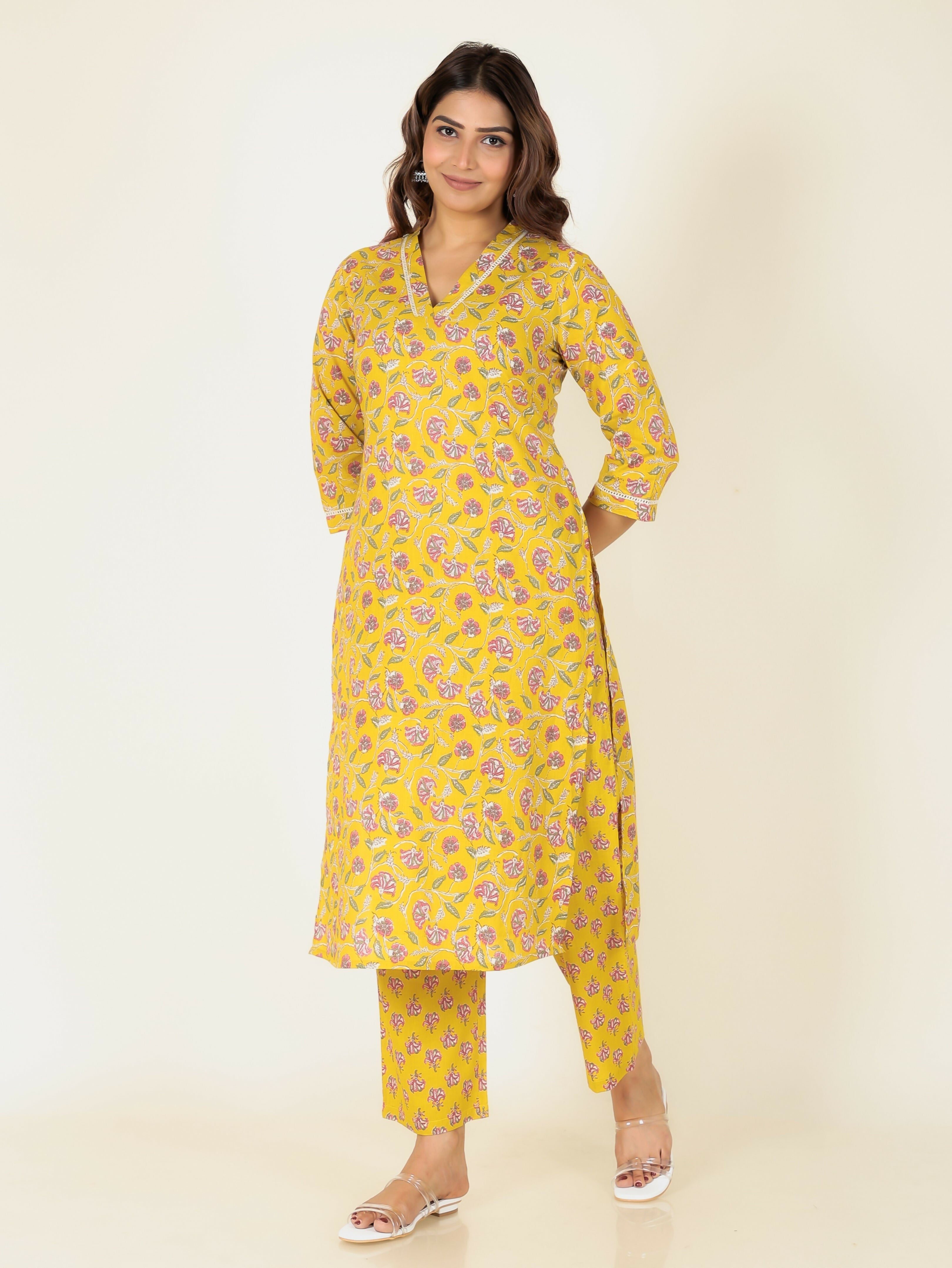 Women's Straight Soft Cotton Floral Print Women's Kurta Set - Green