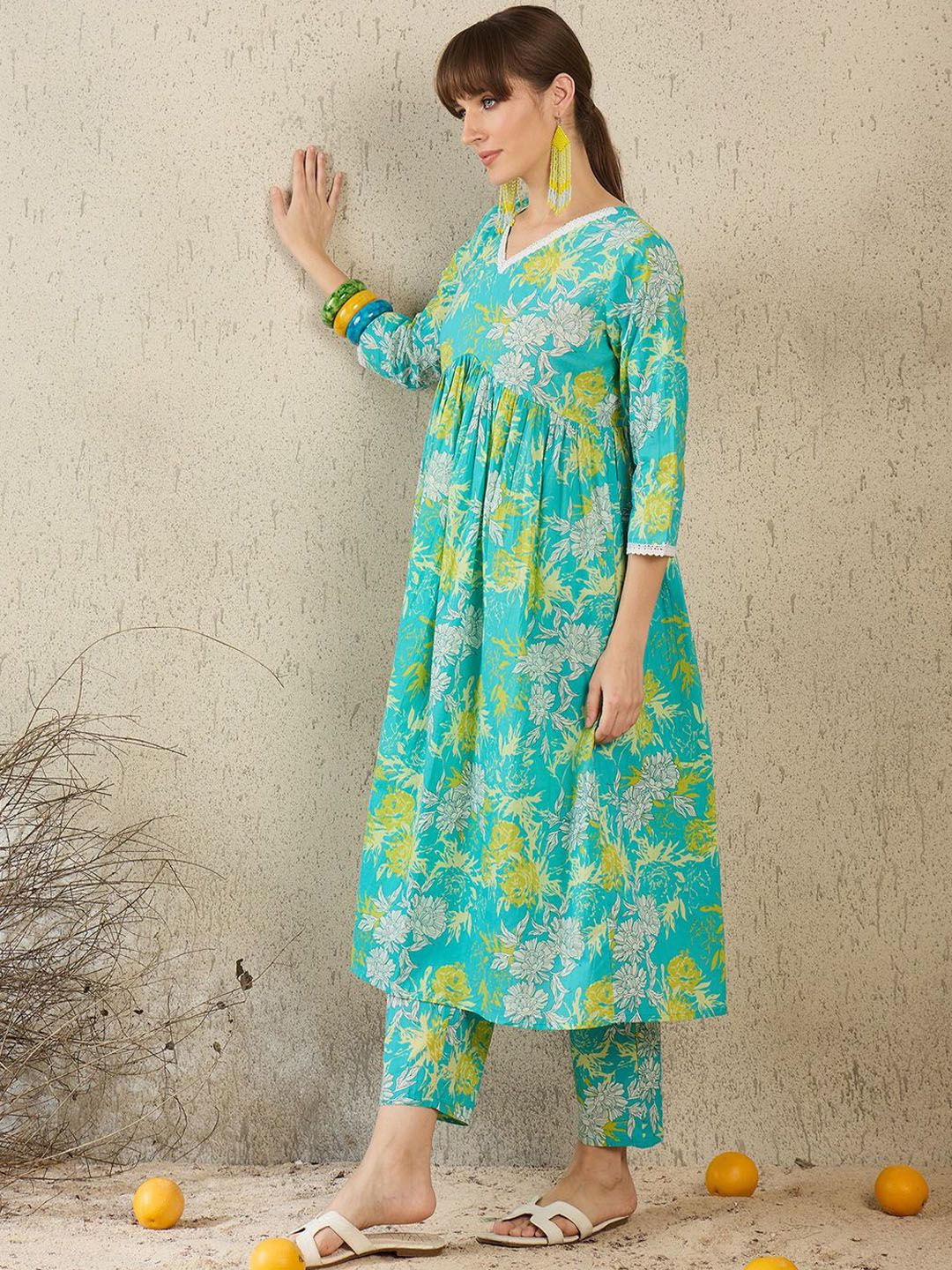 Dhiyona IE Women Printed V-Neck Cotton Top and Trousers Co-Ords