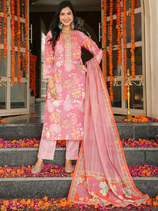 Dhiyona KL Women Floral Printed Regular Kurta with Trousers & Dupatta