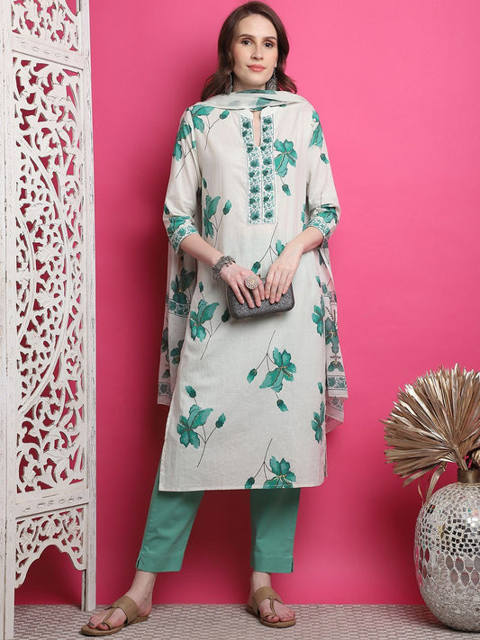 Dhiyona KL Floral Printed Pure Cotton Straight Kurta With Trousers & Dupatta