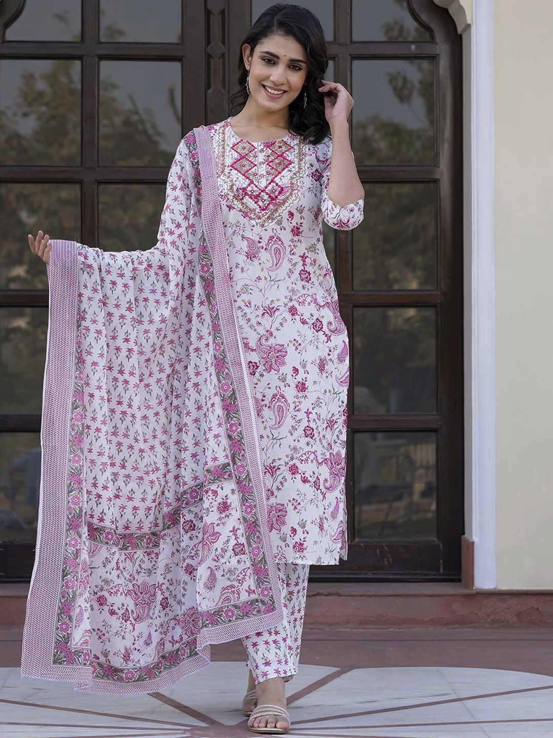 Dhiyona KL Paisley Printed Mirror Work Straight Pure Cotton Kurta With Trousers & Dupatta
