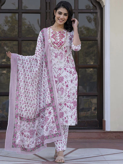 Dhiyona KL Paisley Printed Mirror Work Straight Pure Cotton Kurta With Trousers & Dupatta