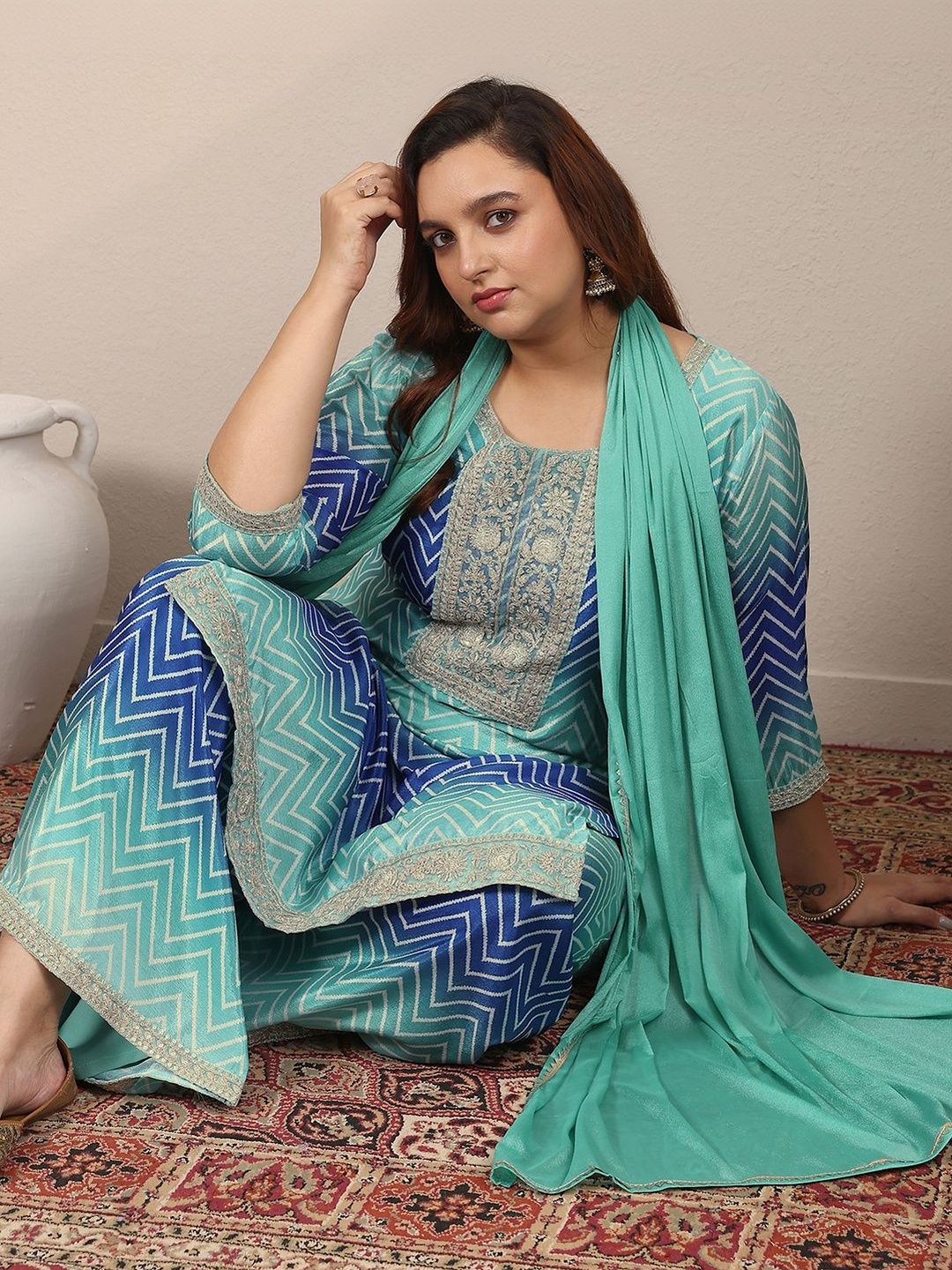 Dhiyona Women's Plus Size Printed Regular Kurta with Palazzos & With Dupatta