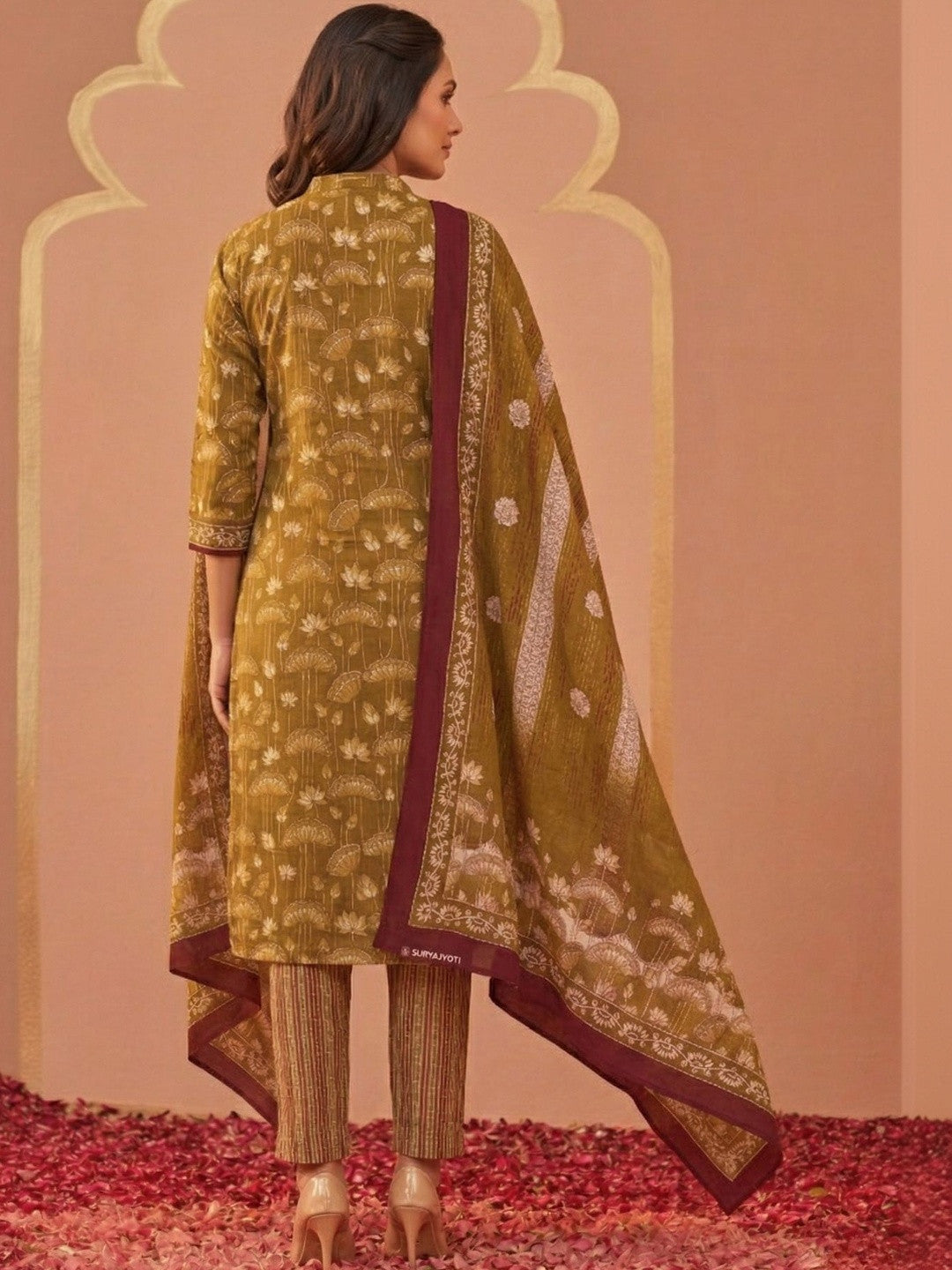 Printed Cotton Sweetheart Neck Kurta & Trousers With Dupatta