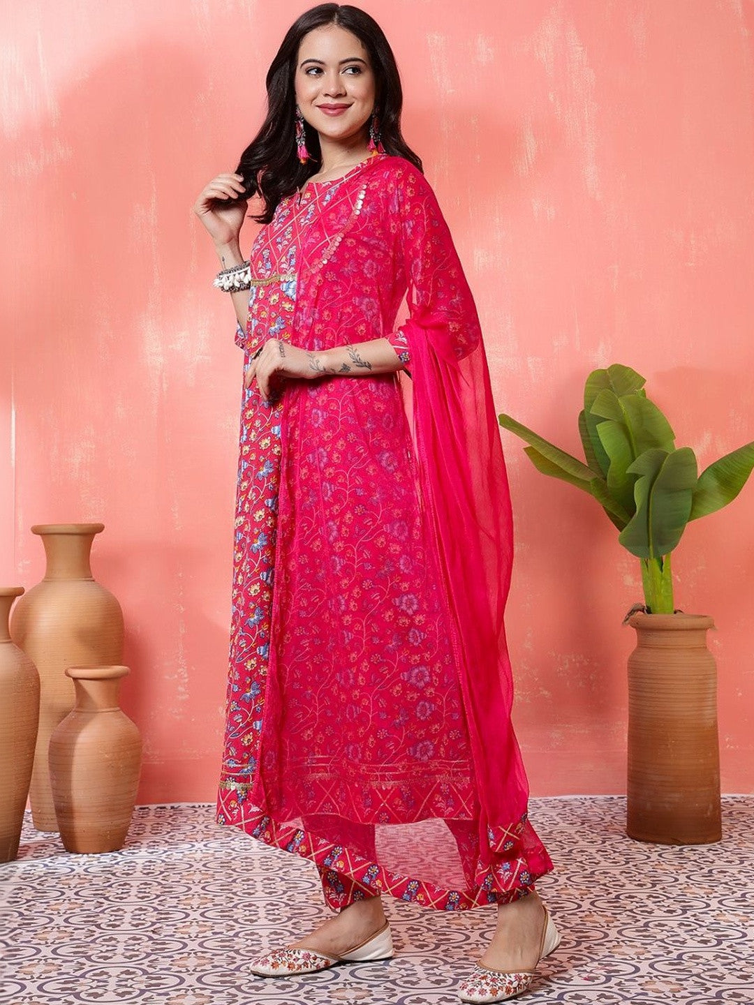 Embroidered Pure Cotton Round Neck Kurta & Palazzos Kurta Sets