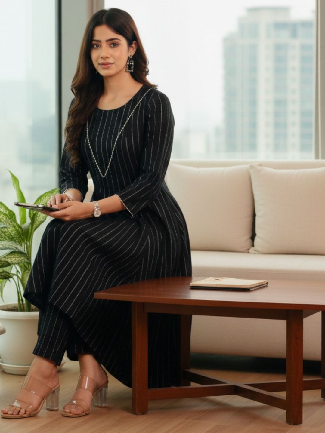 Black Women Striped Regular Silk Crepe Kurta with Trousers