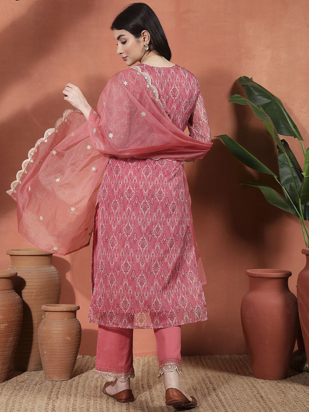 Ethnic Motifs Printed Zari Organza Straight Kurta With Trousers & Dupatta