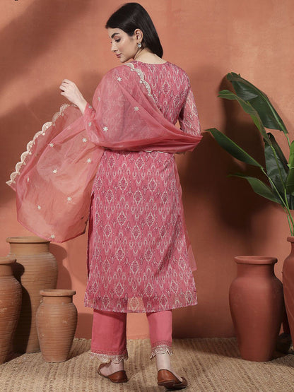 Ethnic Motifs Printed Zari Organza Straight Kurta With Trousers & Dupatta