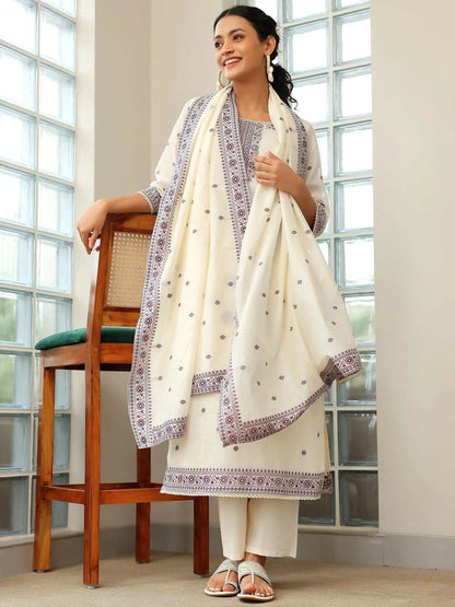 Women's LB Off White Woven Design Chanderi Silk Straight Suit With Dupatta