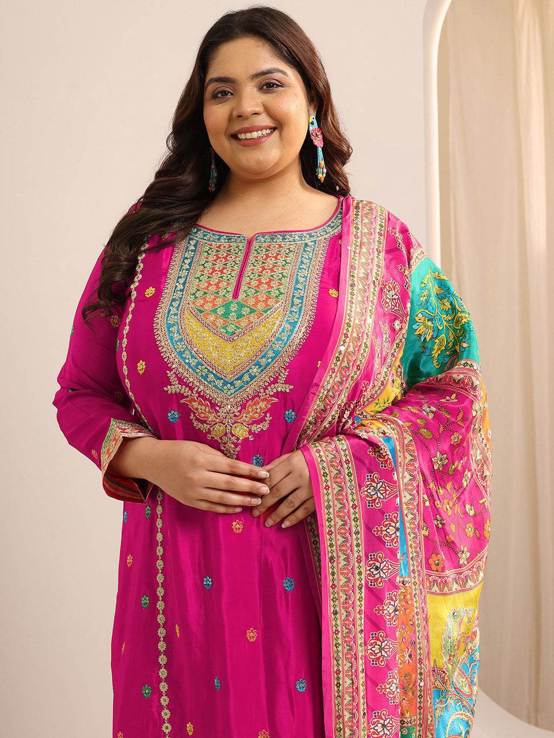 Dhiyona Women's Plus Size Ethnic Motifs Embroidered Kurta with Sharara & Dupatta